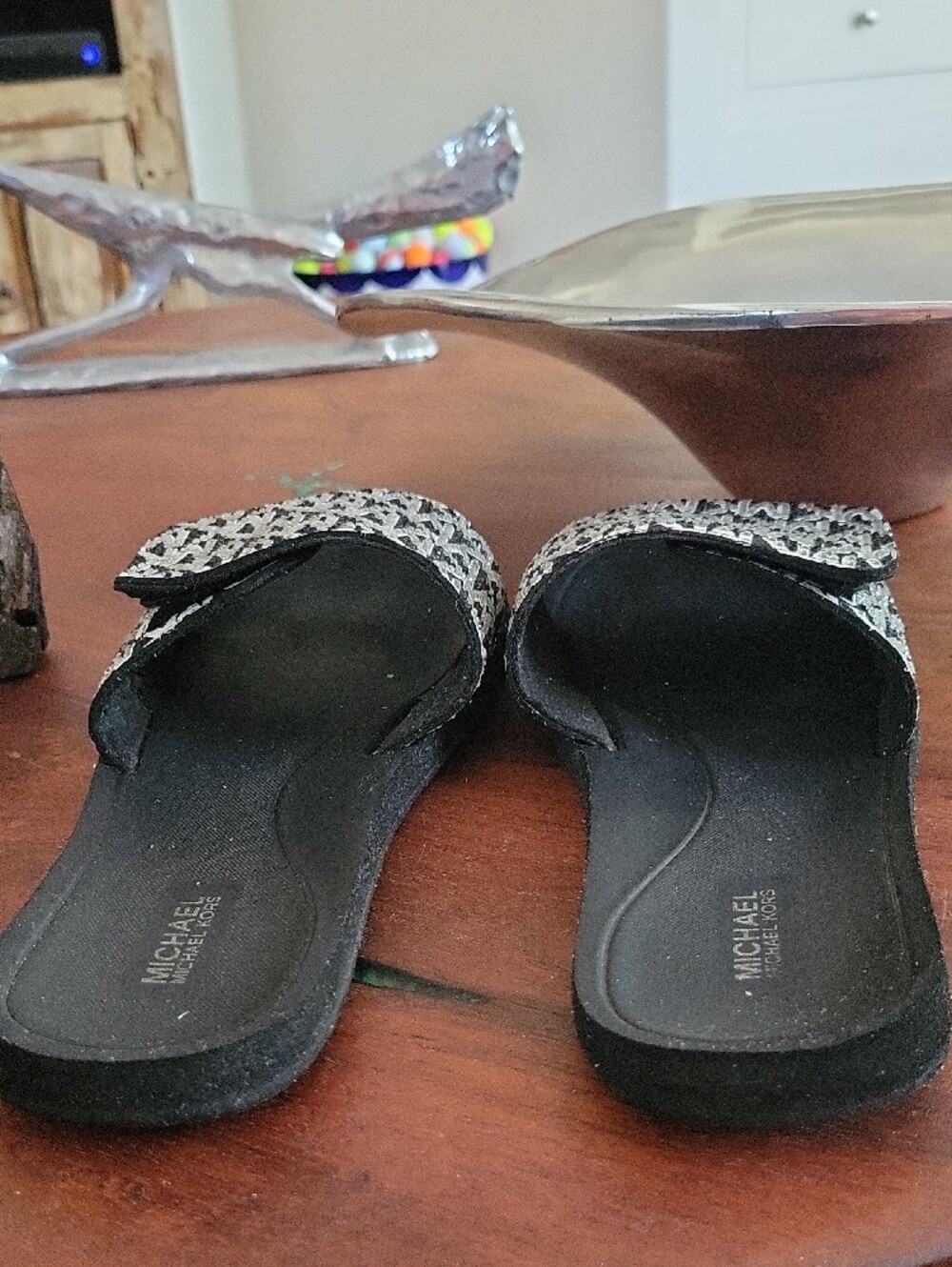 Michael Kors Black Slide Sandals with White MK Logo Strap - Picture 5 of 11